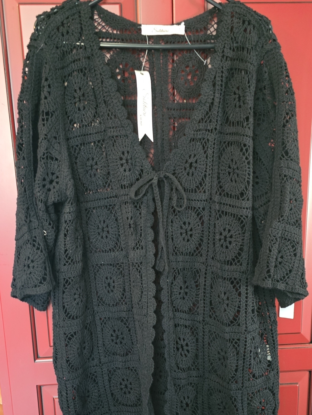 Black Crochet Open-Front Cardigan with Tie Closure